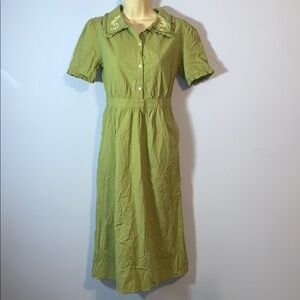 Simple retro pistachio Green Button-Up Midi Dress embroidered collar size small
